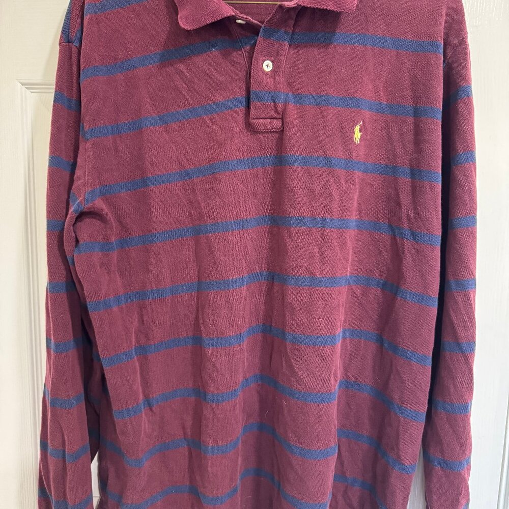 Vintage Polo Ralph Lauren Burghundy and Blue Stripe Long Sleeve Polo, Cotton, XL - Picture 2 of 6